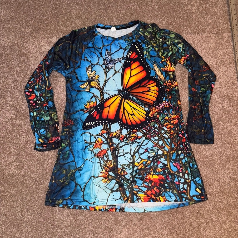 Women's Vibrant Multicolored Long Sleeve Stained Glass Monarch Butterfly Top - M